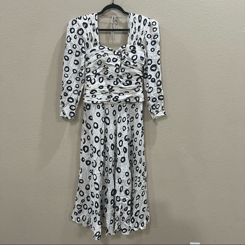 Rare Vintage 80's Flora Kung Dress Designer Silk Sz 12 Ruches Waist Pokadot Boho